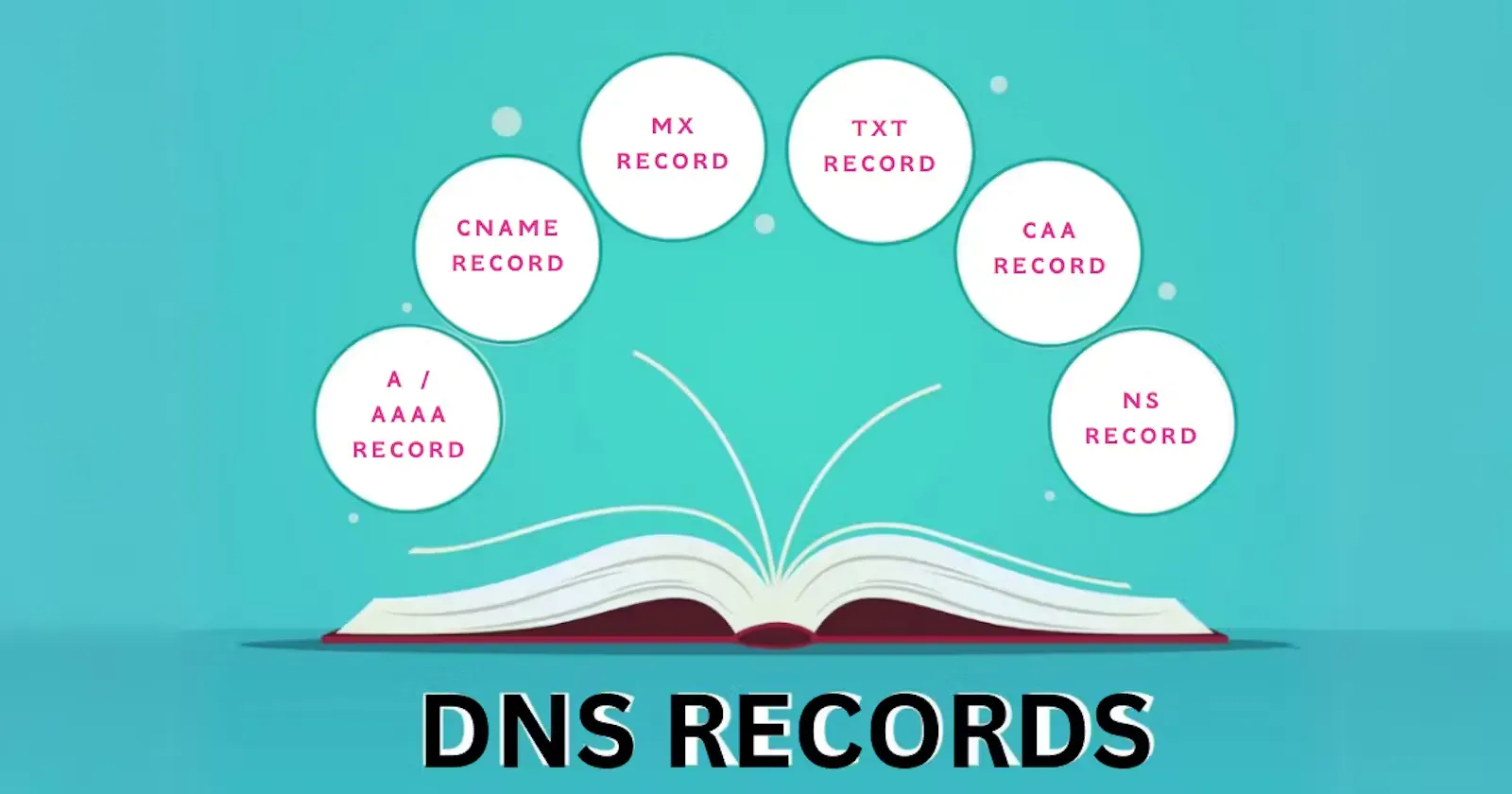 Illustration of DNS record types including A/AAAA, CNAME, MX, TXT, CAA, and NS above an open book