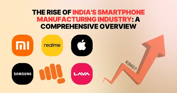 Logos of smartphone brands with rising arrow, illustrating India's growing mobile industry.